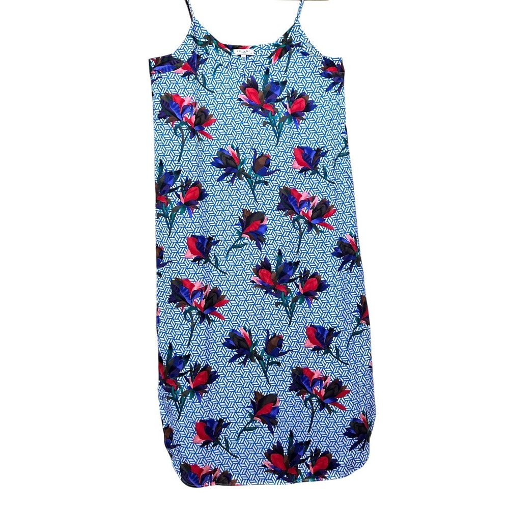 Equipment L Silk Floral Geometric Midi Slip Dress Blue White Y2K Avant Garde